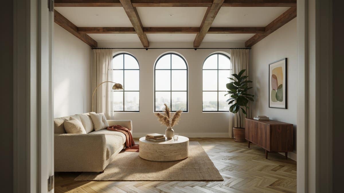 European living room with herringbone parquet laminate, exposed ceiling beams and tall arched windows