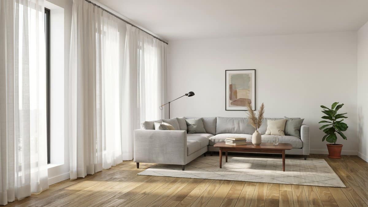 Bright living room with honey oak laminate floors, grey L-shaped sofa and walnut coffee table