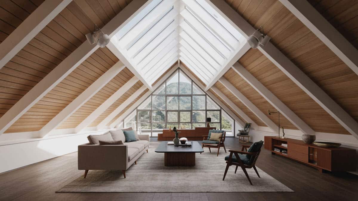 Master bedroom with vaulted ceiling, single faux wood beam and