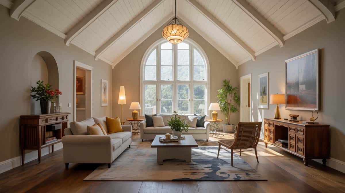 Mediterranean style bedroom with cathedral ceiling and wood beams enhances