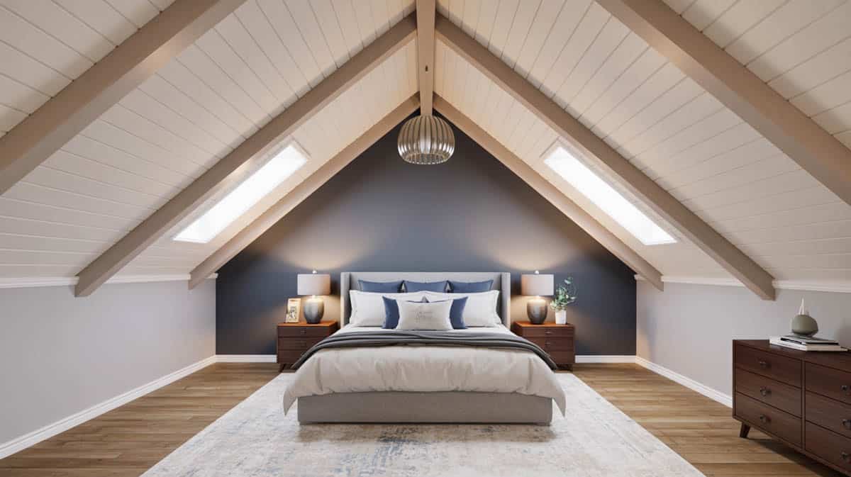 Mid century modern living room with high ceiling skylights.