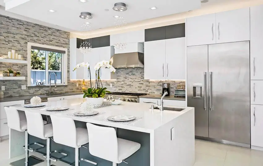 Modern chefs kitchen with two sinks gray quartz countertops white quartz island
