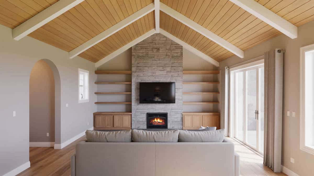 Modern farmhouse bedroom with rough hewn wood beams and shiplap