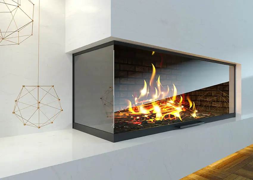 Modern glass corner fireplace