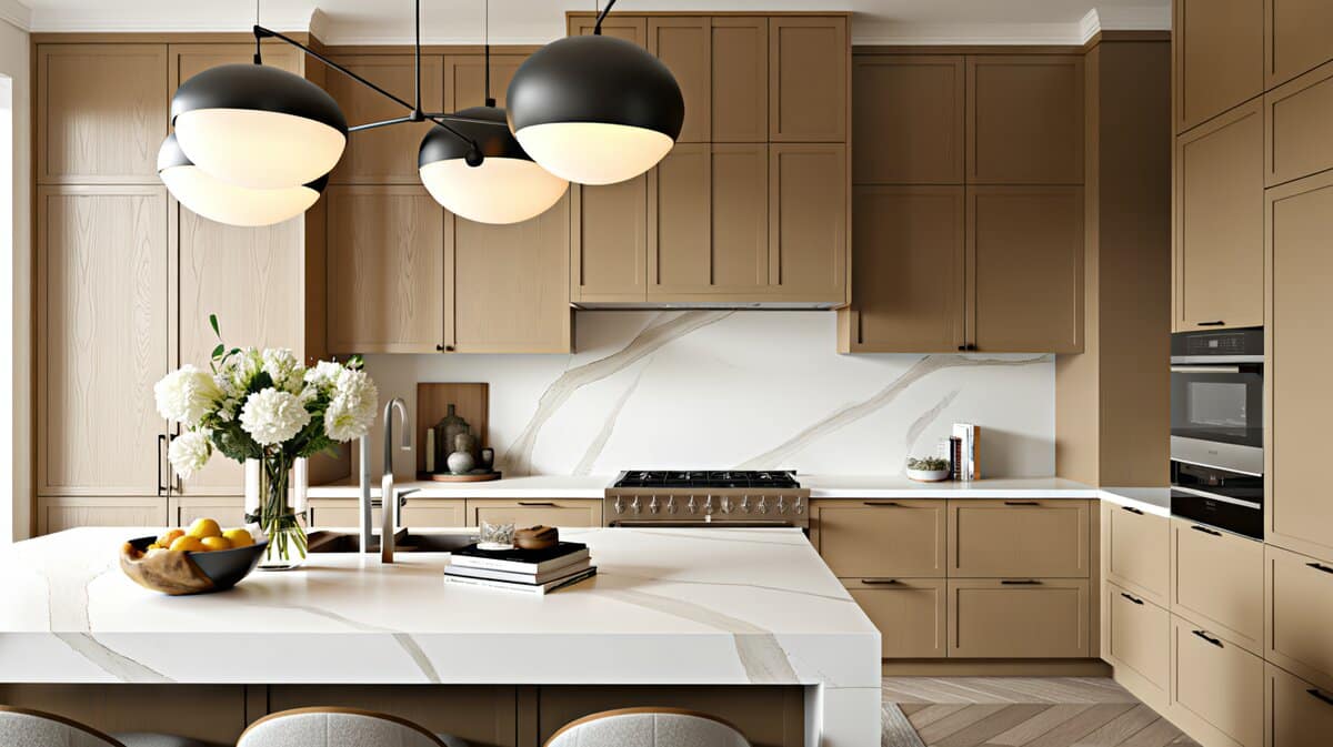 Beige wood veneer cabinets frame a white quartz waterfall island under black globe pendants