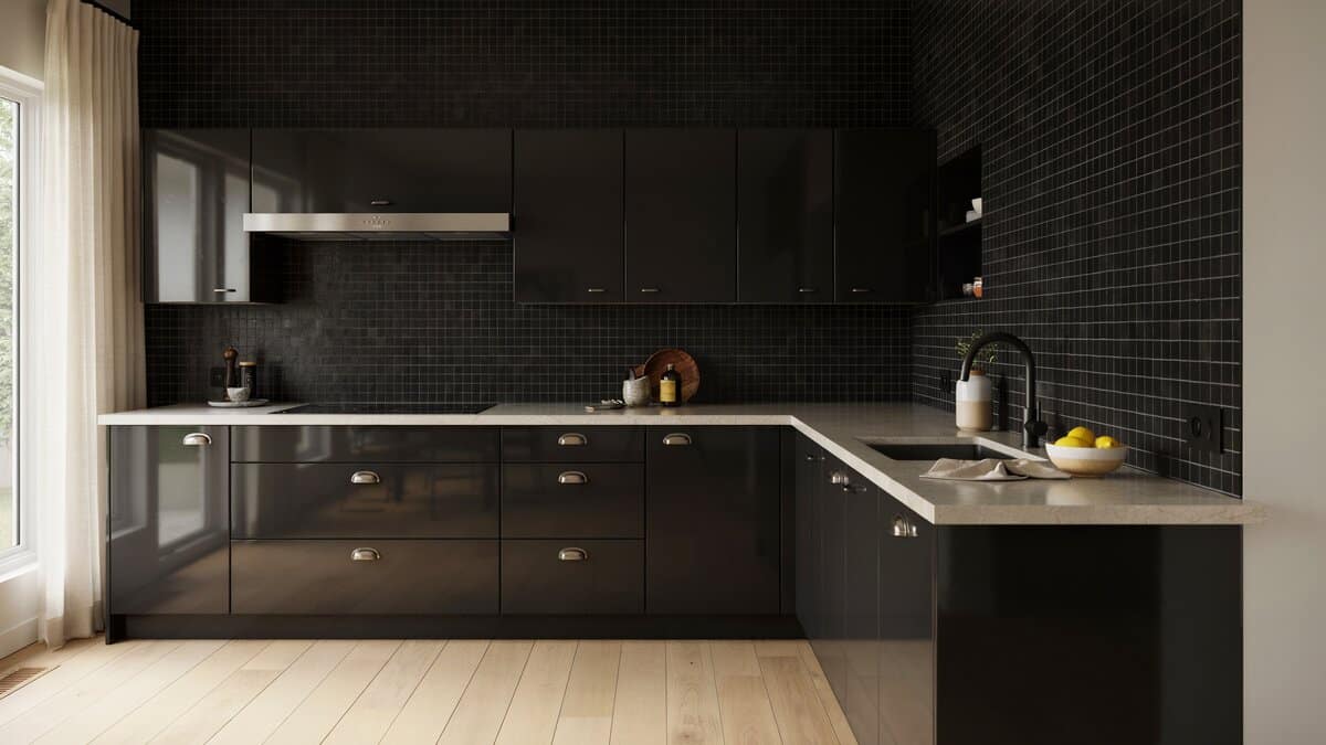 Modern kitchen with quartzite counters, black mosaic backsplash, and glossy black cabinets