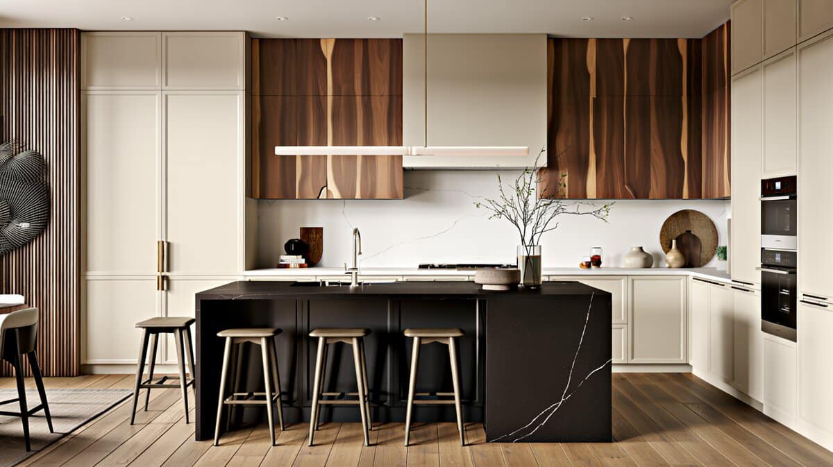 Two tone cabinets with a black quartz waterfall peninsula under a modern linear chandelier