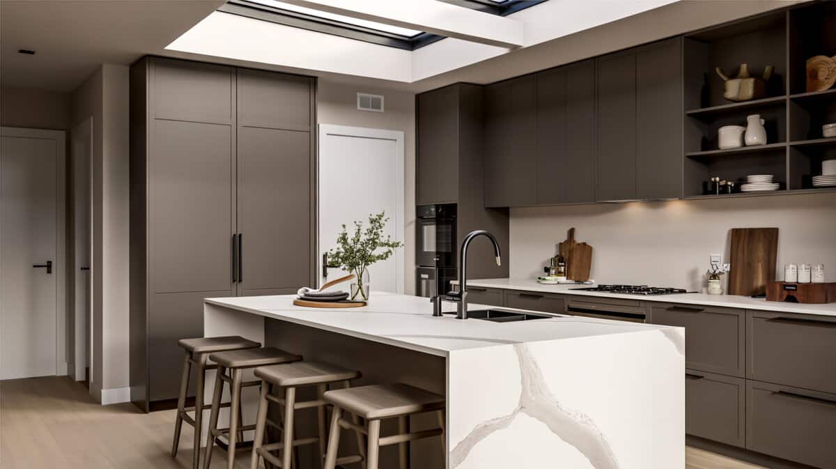 Dark gray cabinets with a white quartz waterfall island and a skylight above