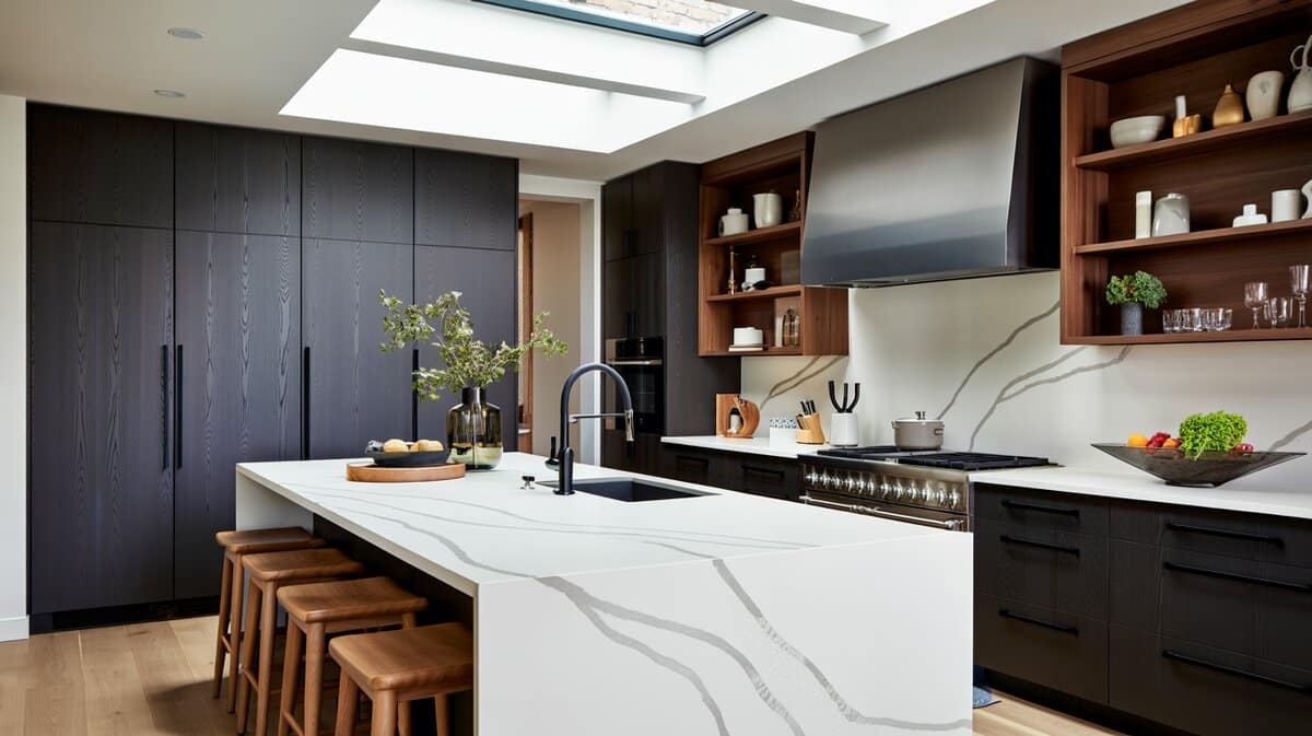 Dark charcoal cabinetry with a white veined waterfall island beneath bright skylights