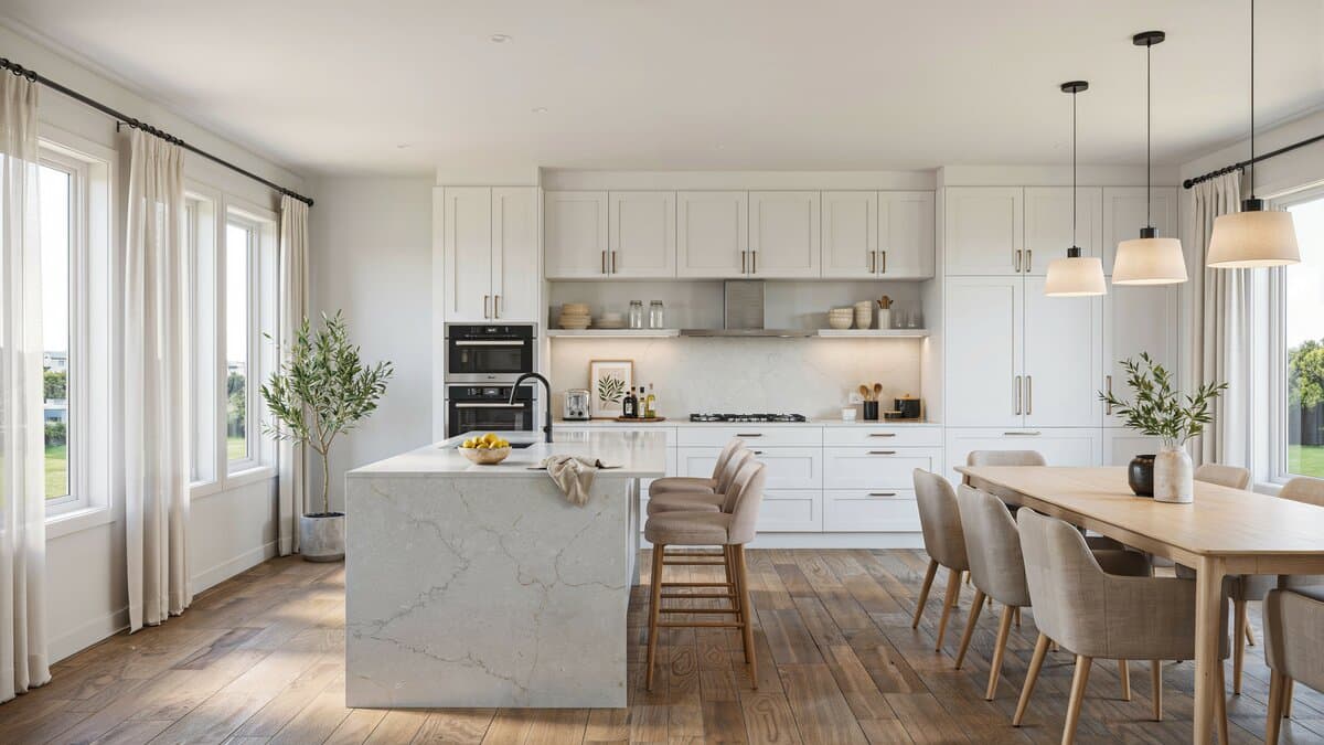 Bright kitchen pairing white cabinets, quartzite counters, and wood-look tile flooring
