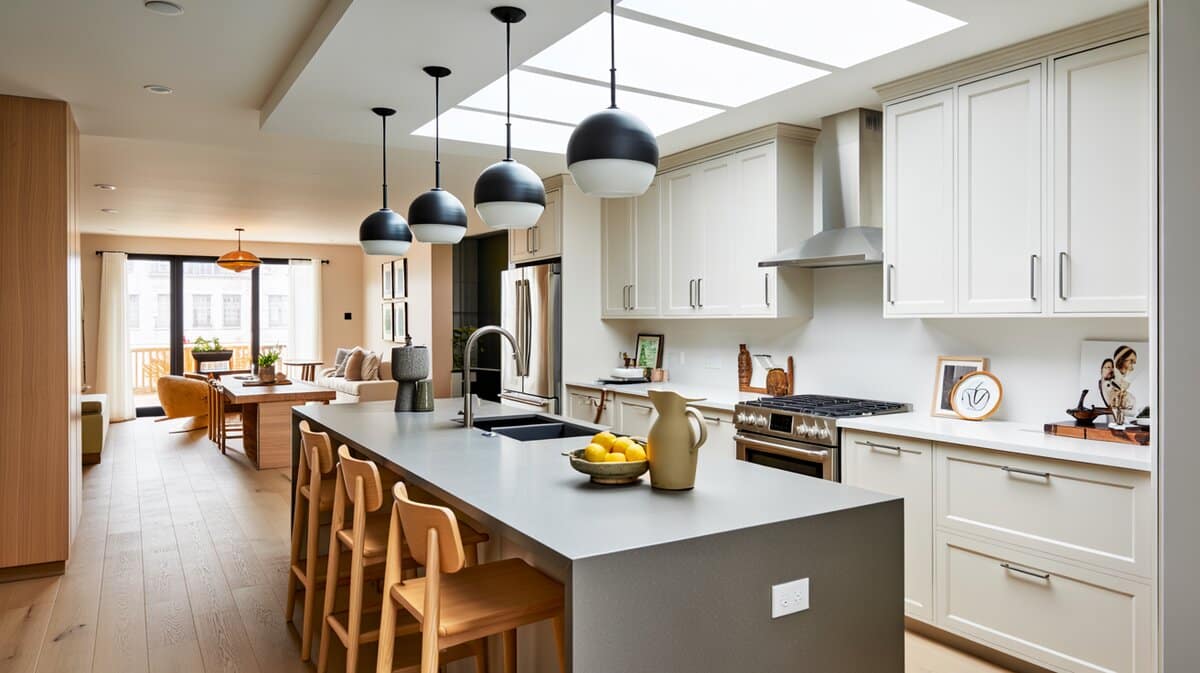 Open concept kitchen with a gray quartz island and black globe pendant lights