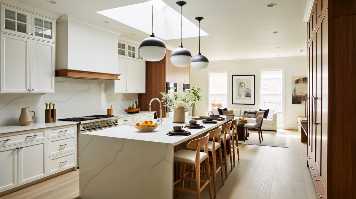 Open concept kitchen with a gray quartz island, black pendants and adjoining living space