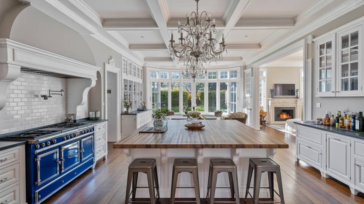 Traditional kitchen with a decorative pantry door.