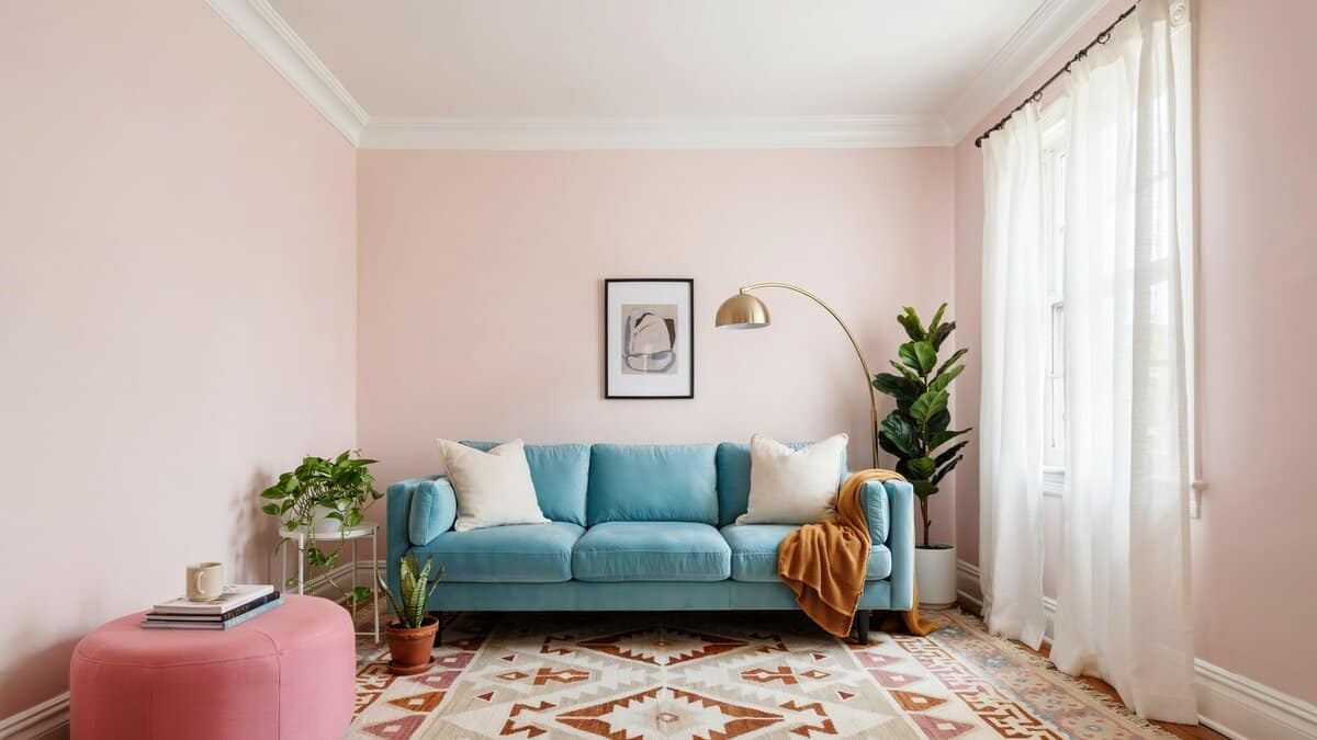 Blush pink walls framing a turquoise sofa, patterned rug, and pink ottoman