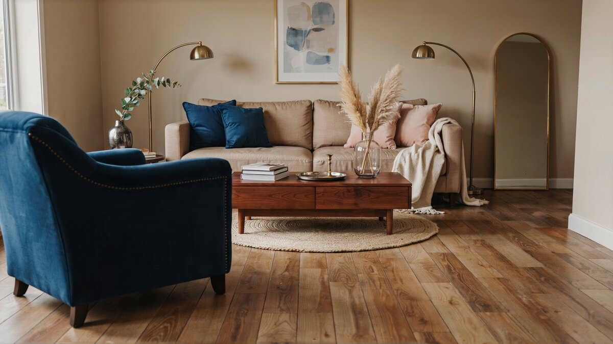 Tan living room with navy velvet armchair, pampas grass, and wood flooring