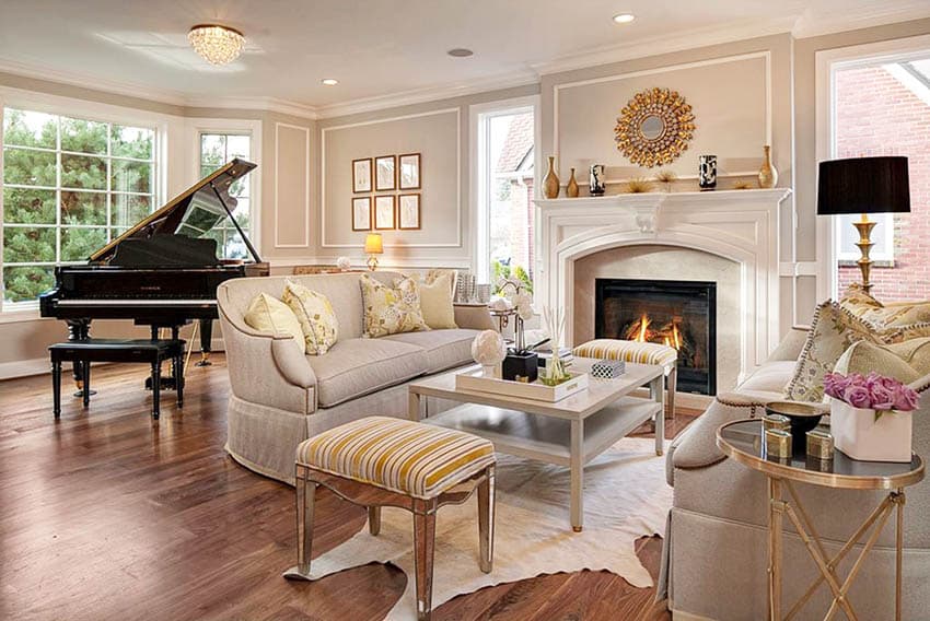 Traditional living room grand piano fireplace and wood flooring