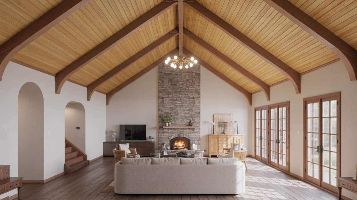 Traditional master bedroom with cathedral ceiling wood flooring.