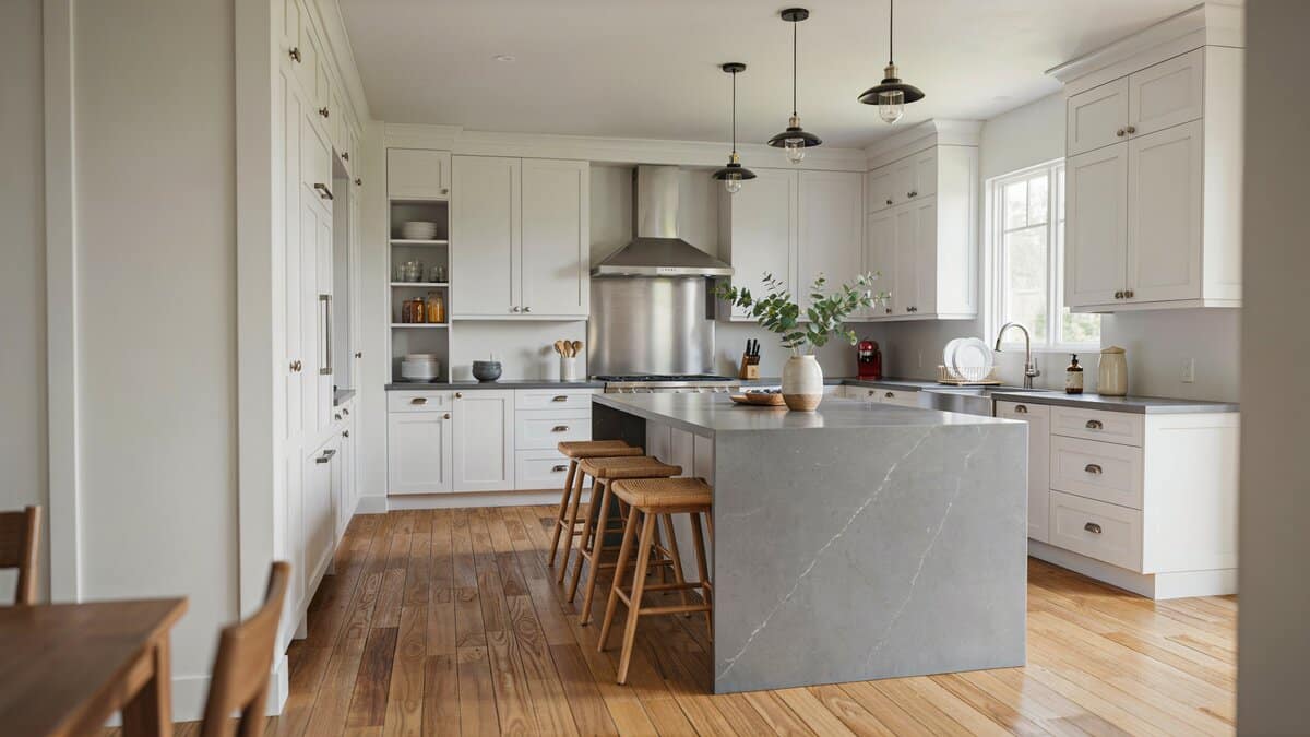 Transitional kitchen with gray quartz counters, white cabinets, and warm wood floors