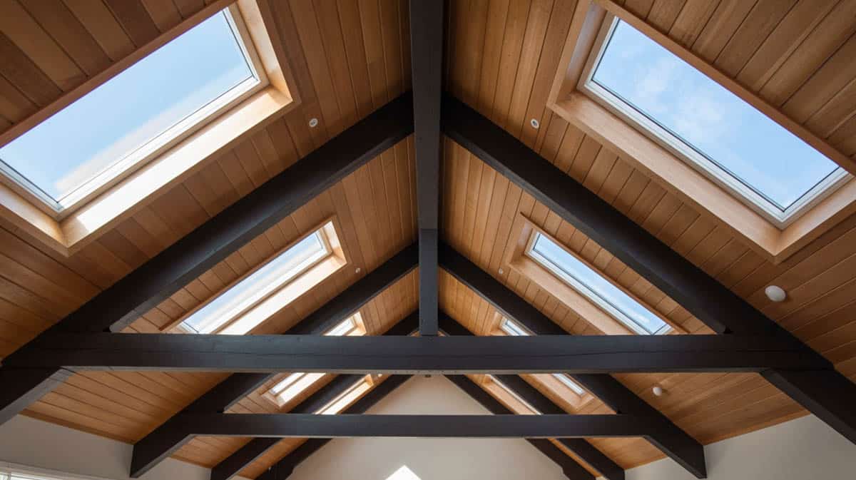 Vaulted cathedral ceiling with exposed wood beams and skylights