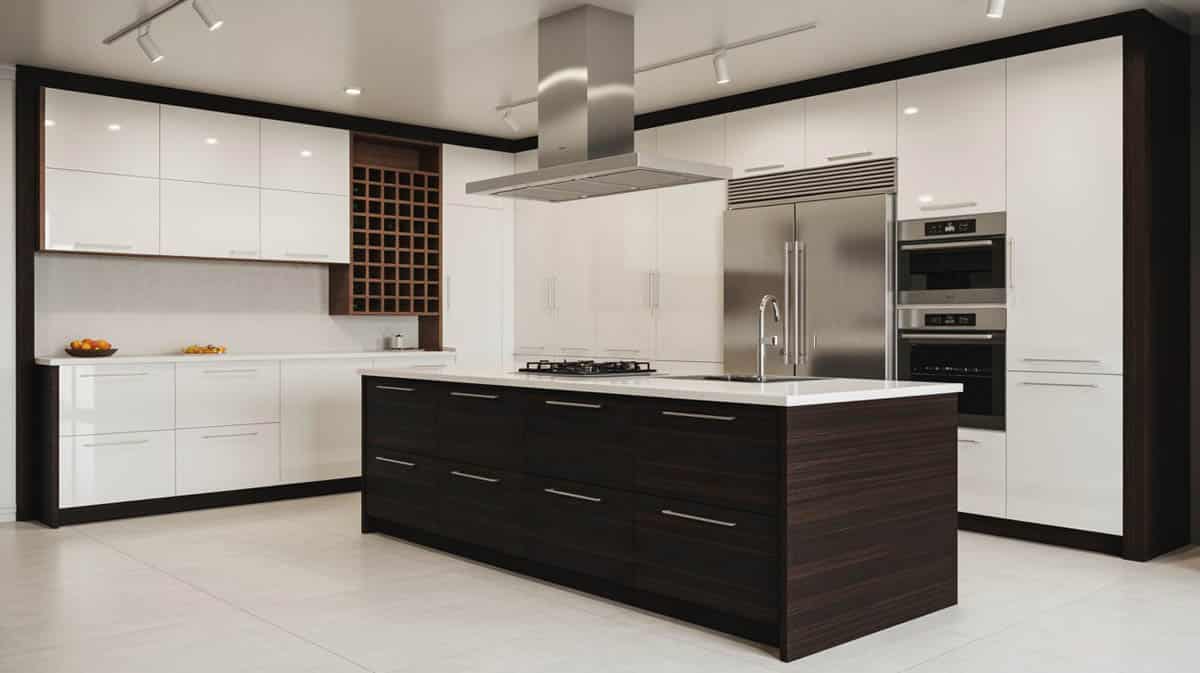 Dark veneer island contrasting against white high gloss cupboards