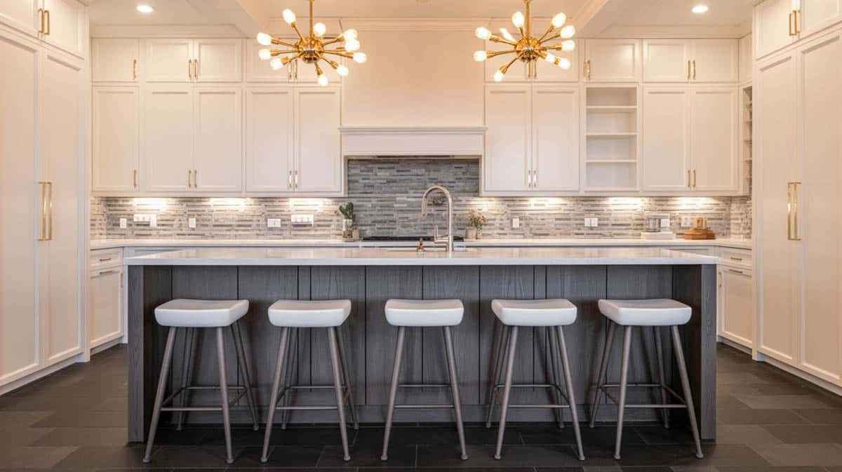 Gray island with white and gold handle cabinets