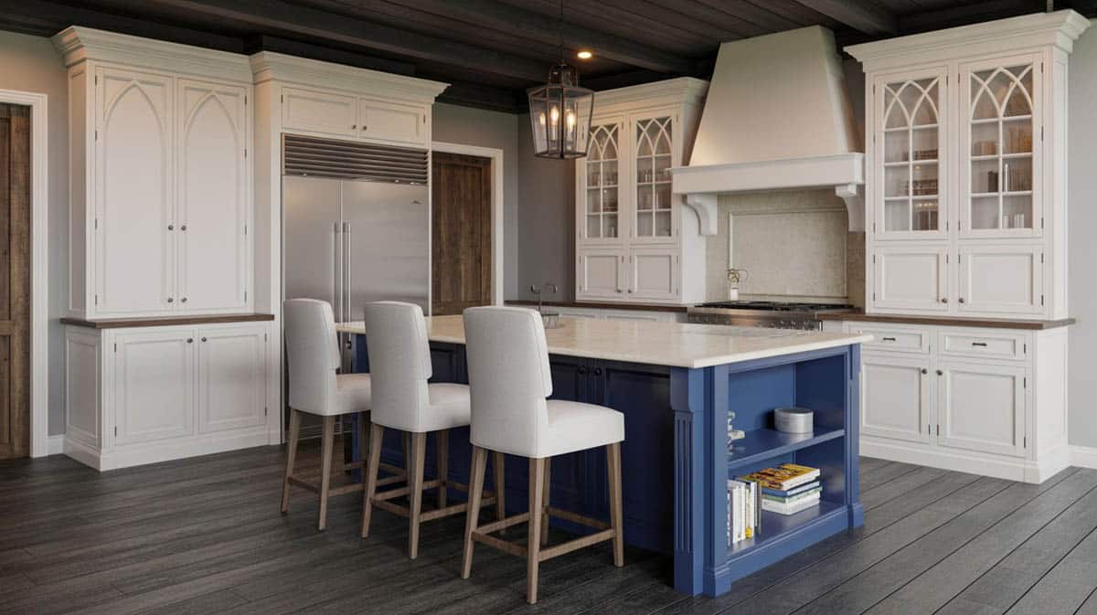 White gothic arch cabinets and blue island