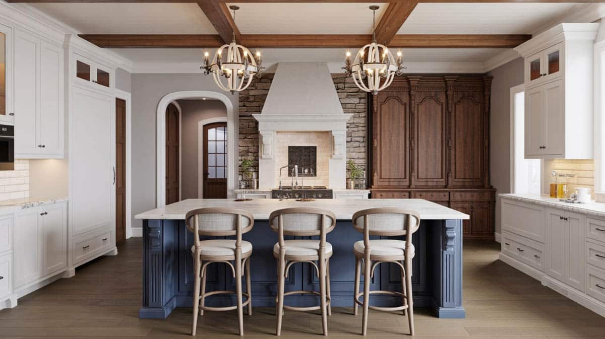 Navy island with white and brown cabinetry