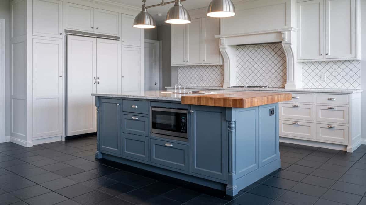 Blue gray island with quartz and butcher block top