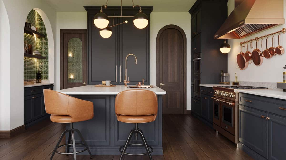 Kitchen island with seating and multiple ovens.
