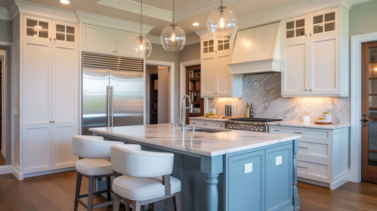 Gorgeous kitchen design with marble slab backsplash and island in light blue