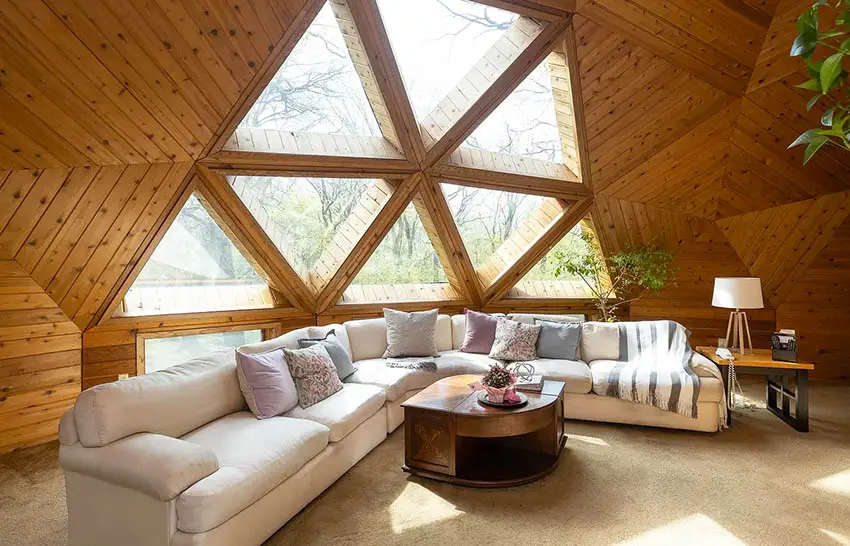 Wood plank geodesic dome living room