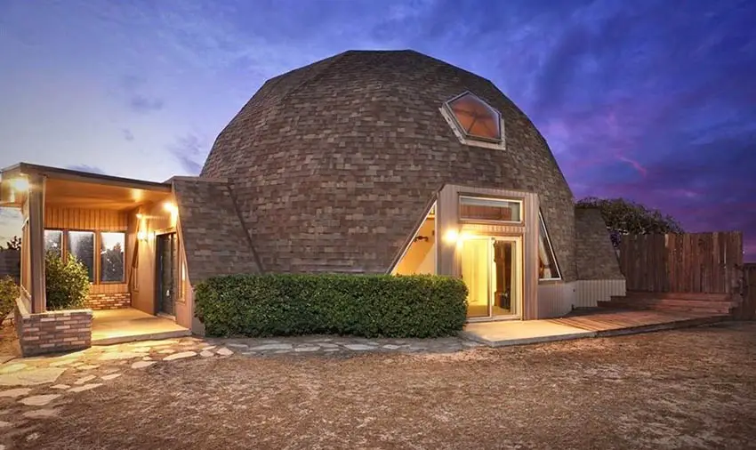 Wood shingle geodesic dome house with skylight