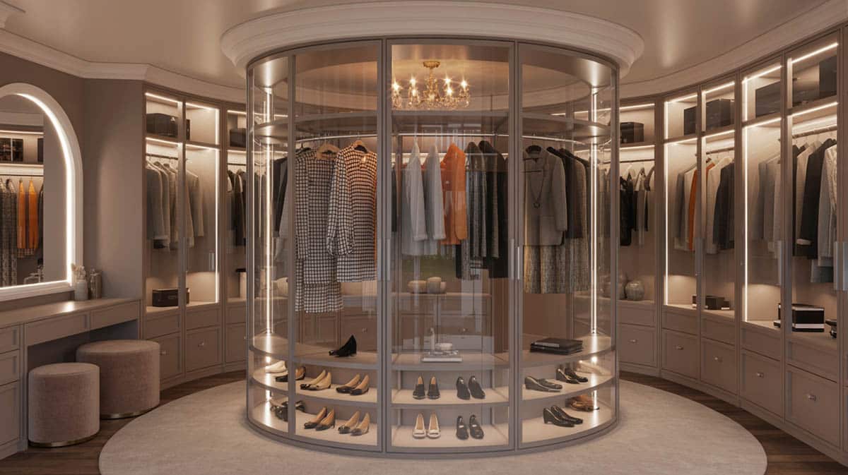 Revolving wardrobe carousel in boutique style dressing room