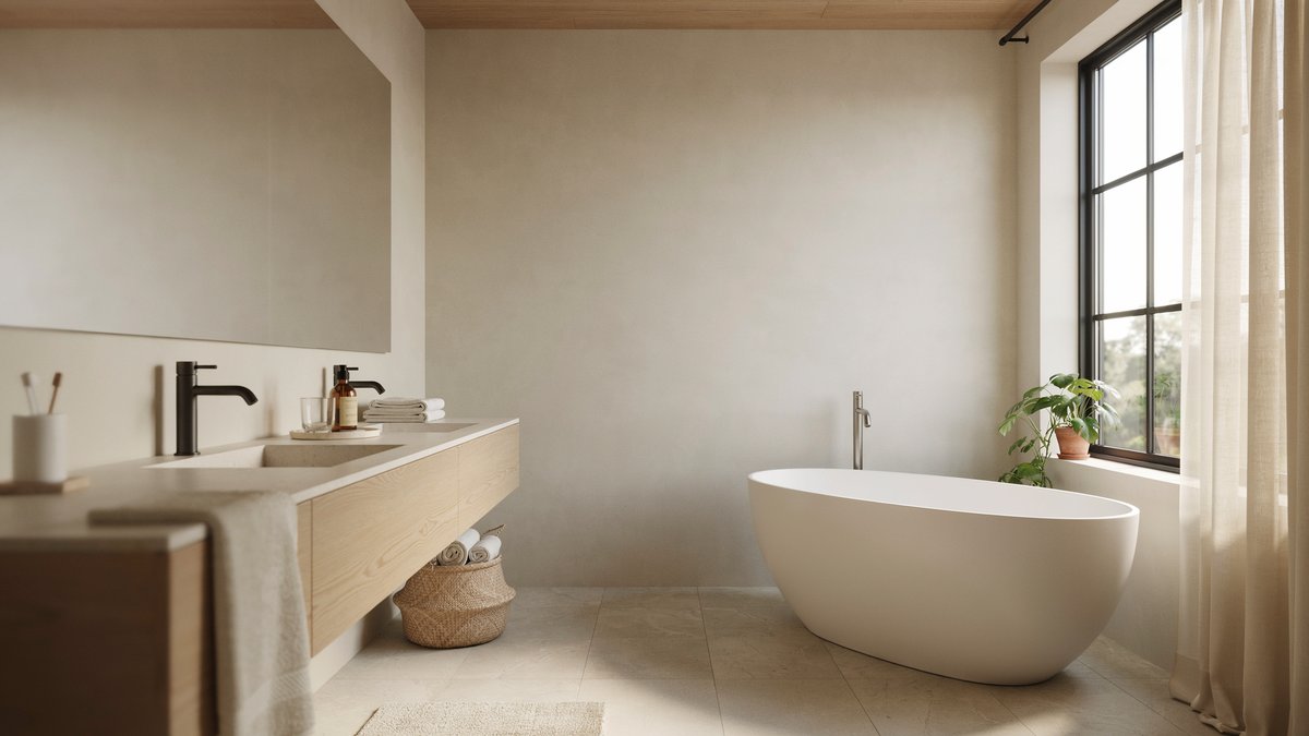 Cool beige walls and beige floor tile with a white freestanding tub