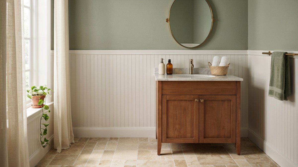 White wainscoting and sage green paint above beige bathroom floor tile