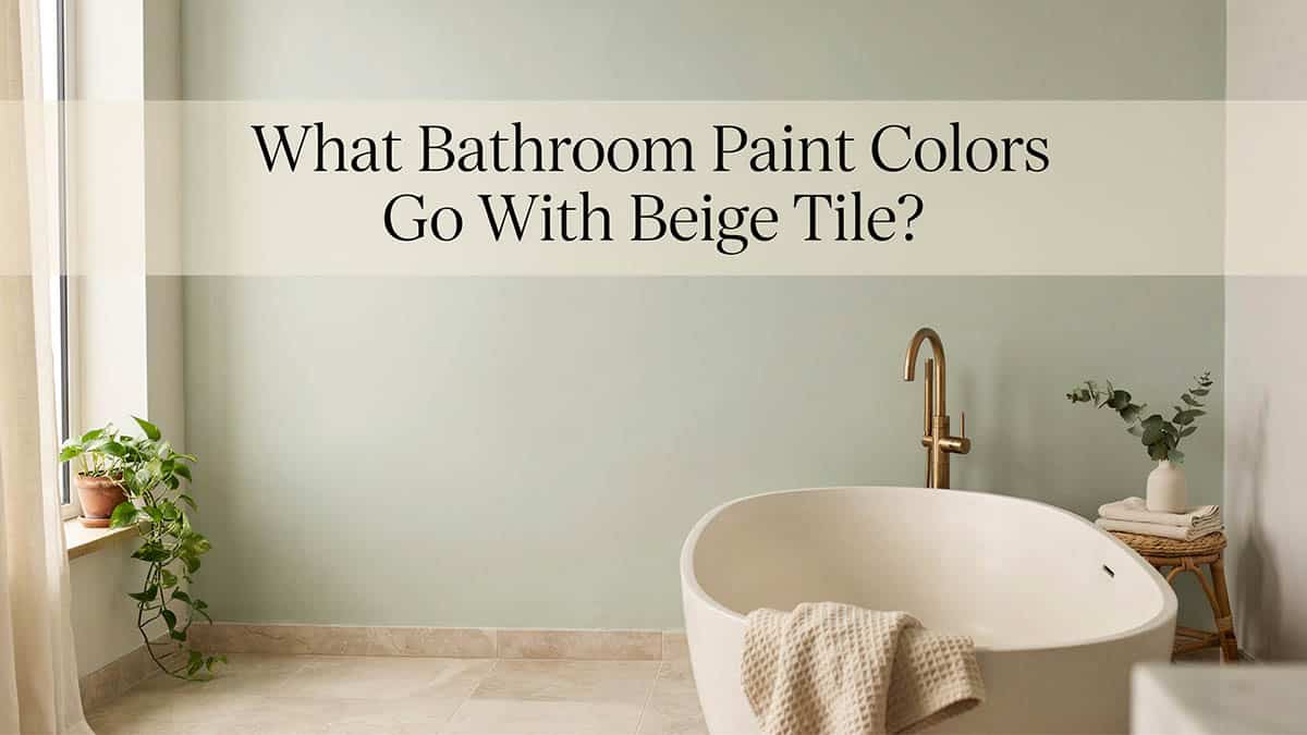 Beige tile bathroom with a sage green wall and freestanding tub