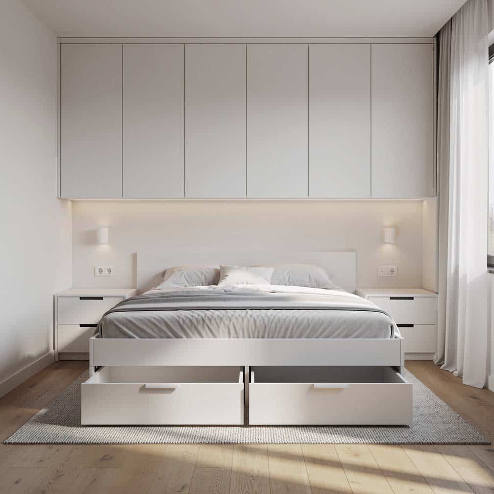 Built-in bed platform with integrated nightstands and an overhead cabinet spanning the headboard wall