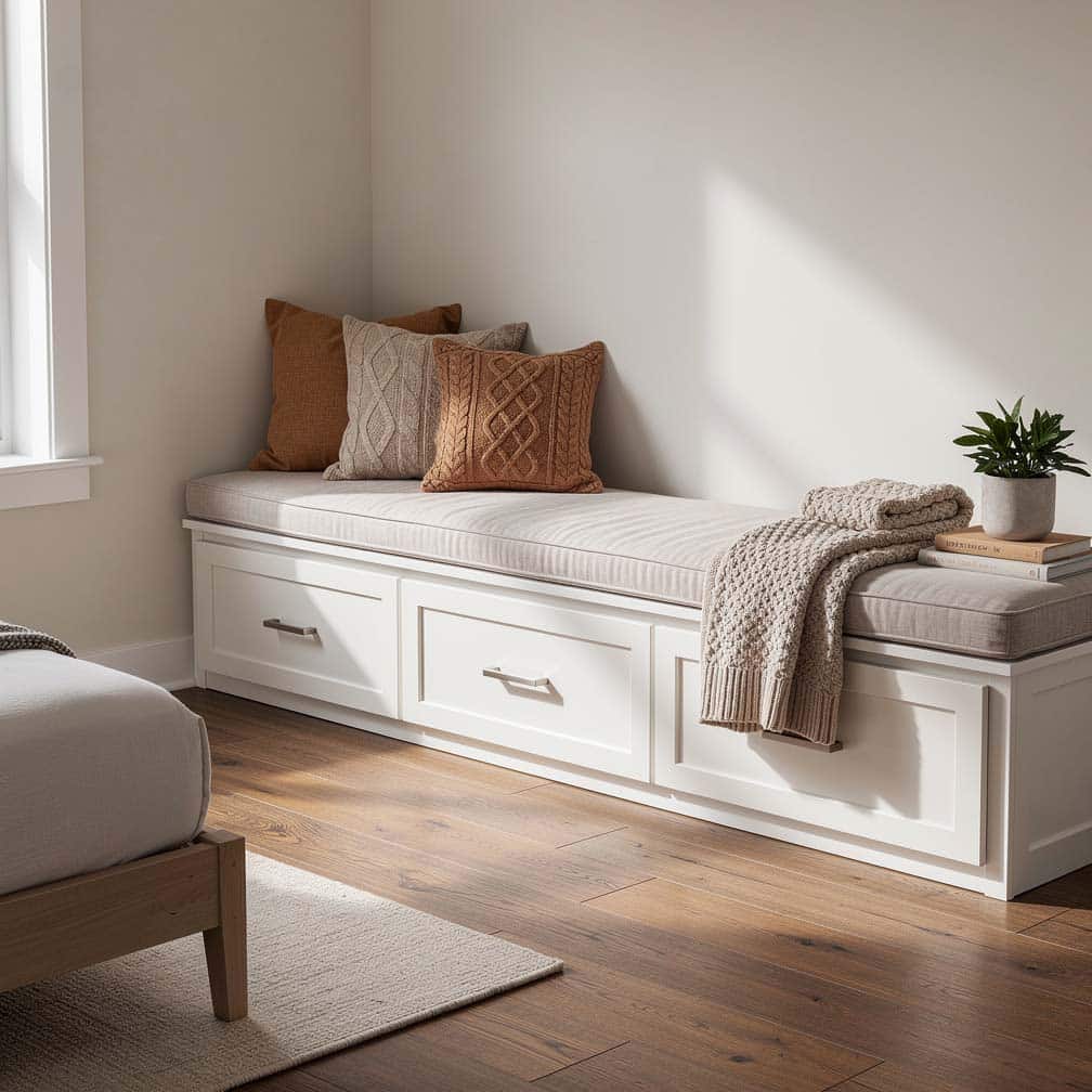 White built-in storage bench with pull-out drawers along a bedroom wall