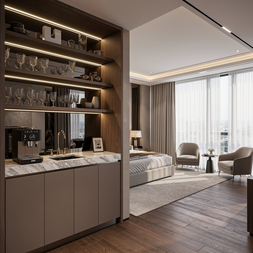 Wet bar in bedroom with sink