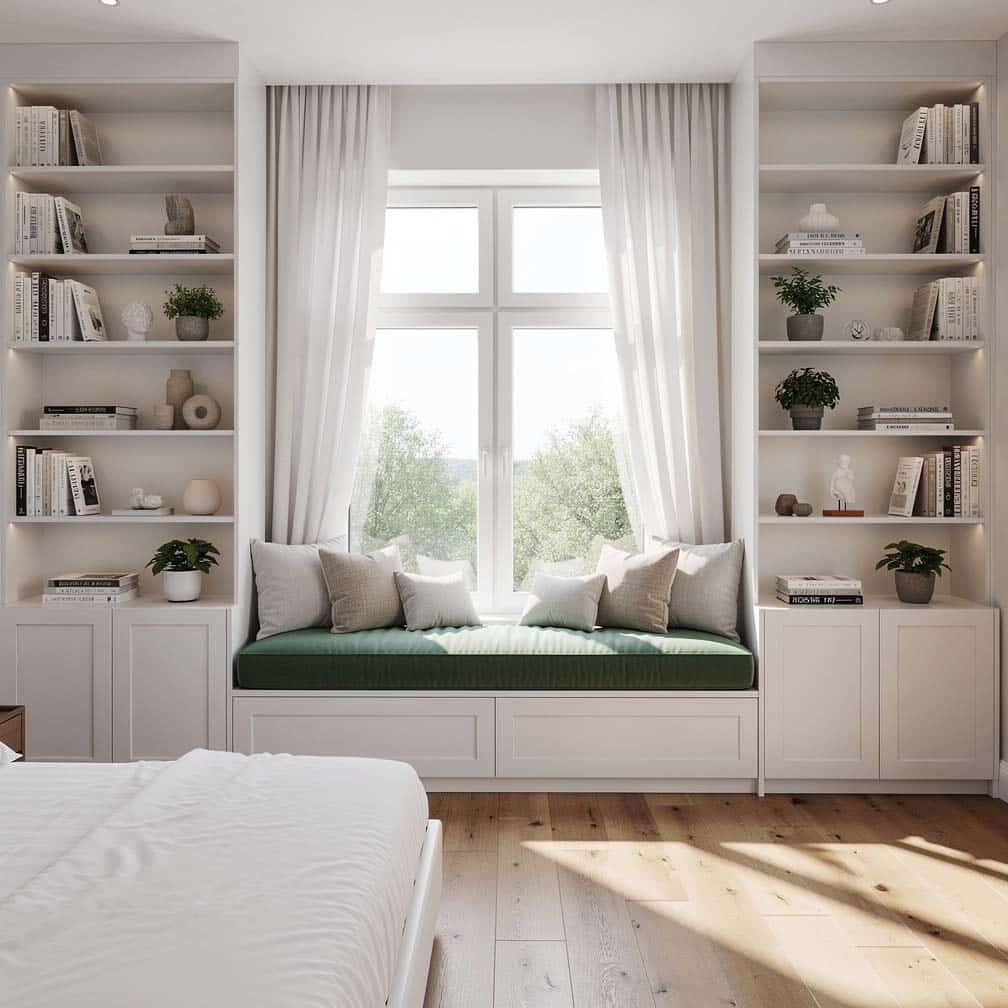 Bright bedroom with a cushioned window seat and open built-in shelves on both sides reaching the ceiling