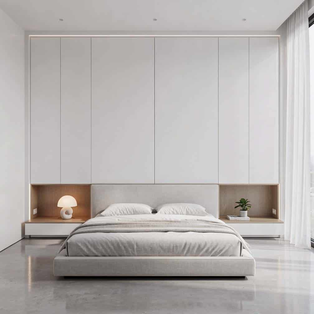 Custom wall-recessed built-in cabinet system flush with surrounding drywall in a contemporary bedroom