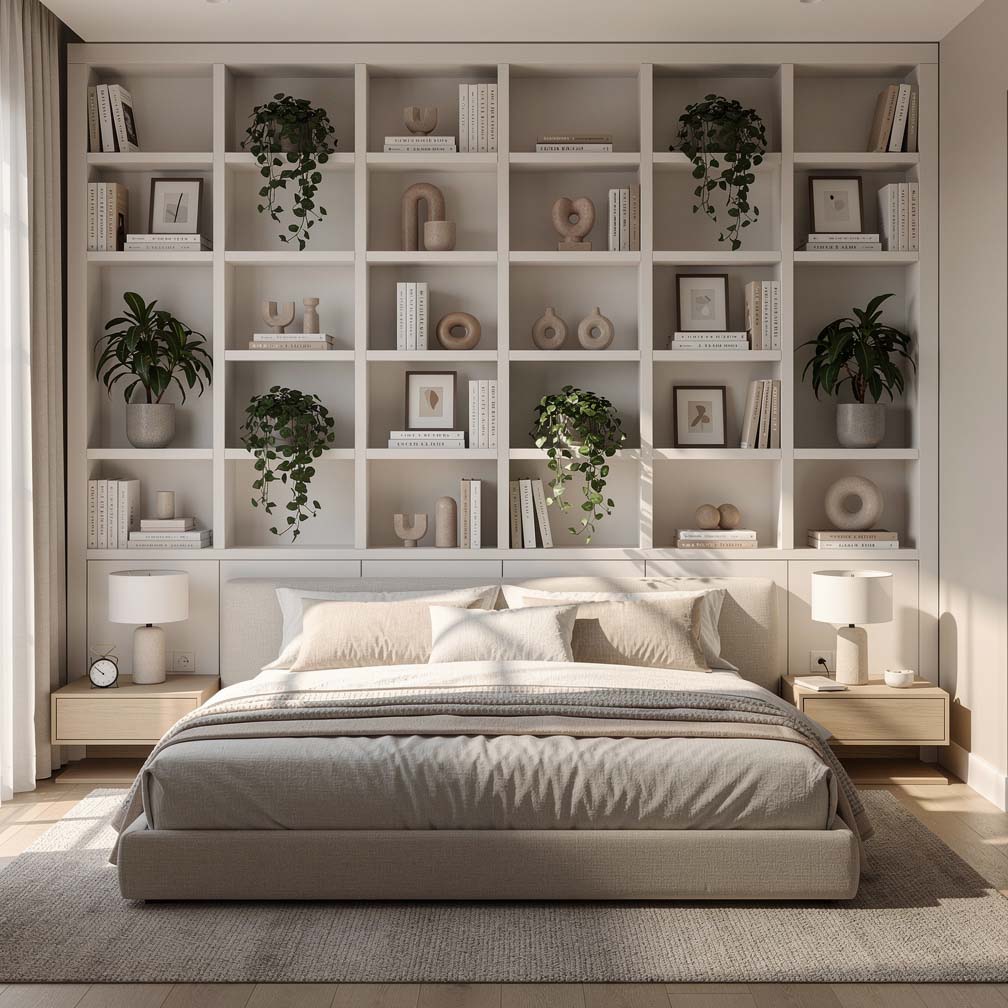 Full wall of built-in open shelving styled with books and plants positioned across from a king-size bed