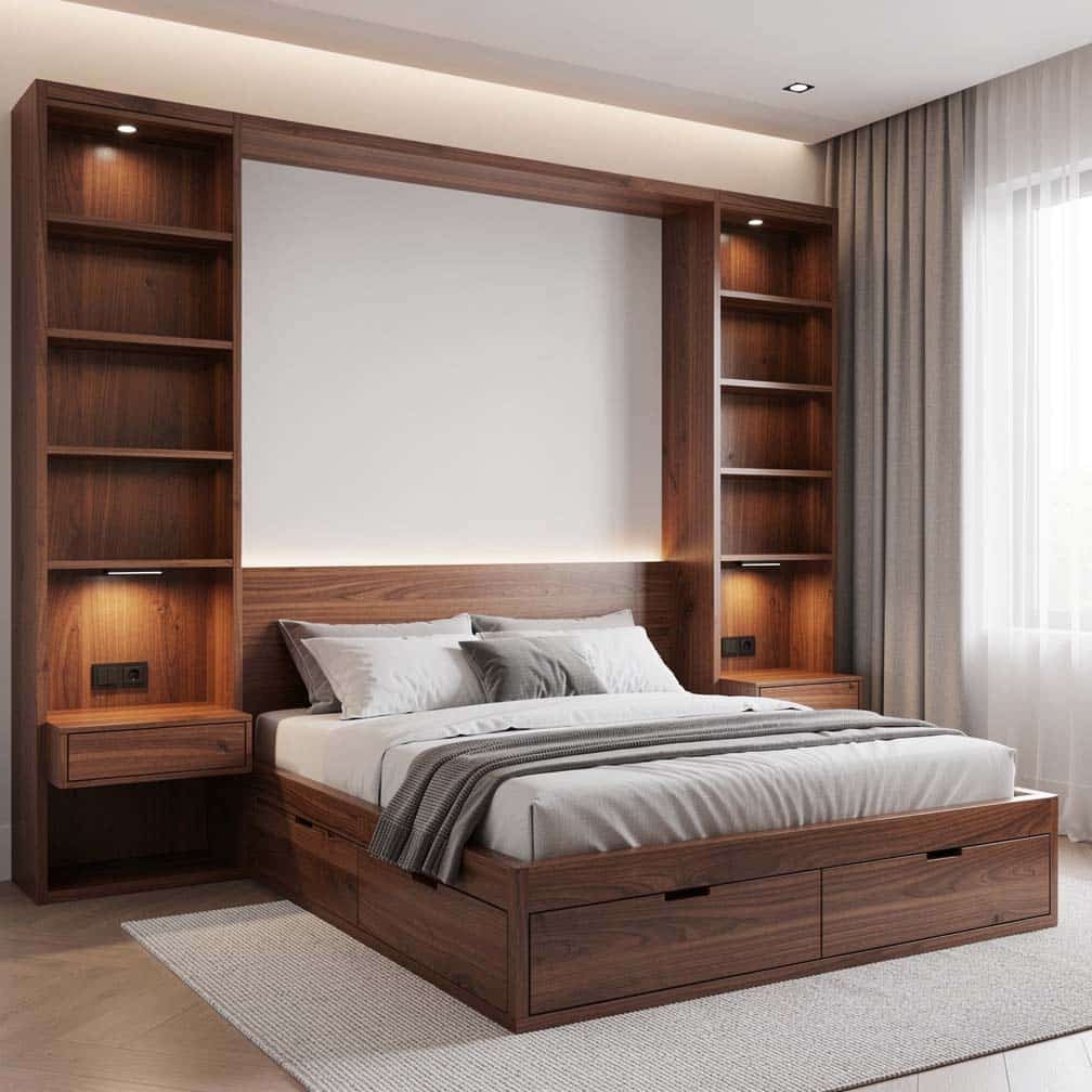 Bedroom with a fully built-in platform bed, flanking shelves, and pull-out storage drawers below