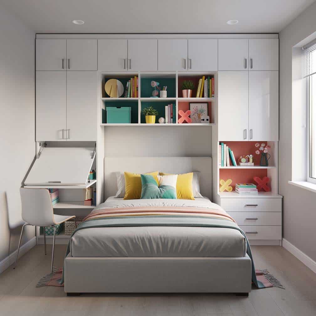 Small bedroom with over-the-bed built-in storage cubbies and a compact fold-down study desk on one side