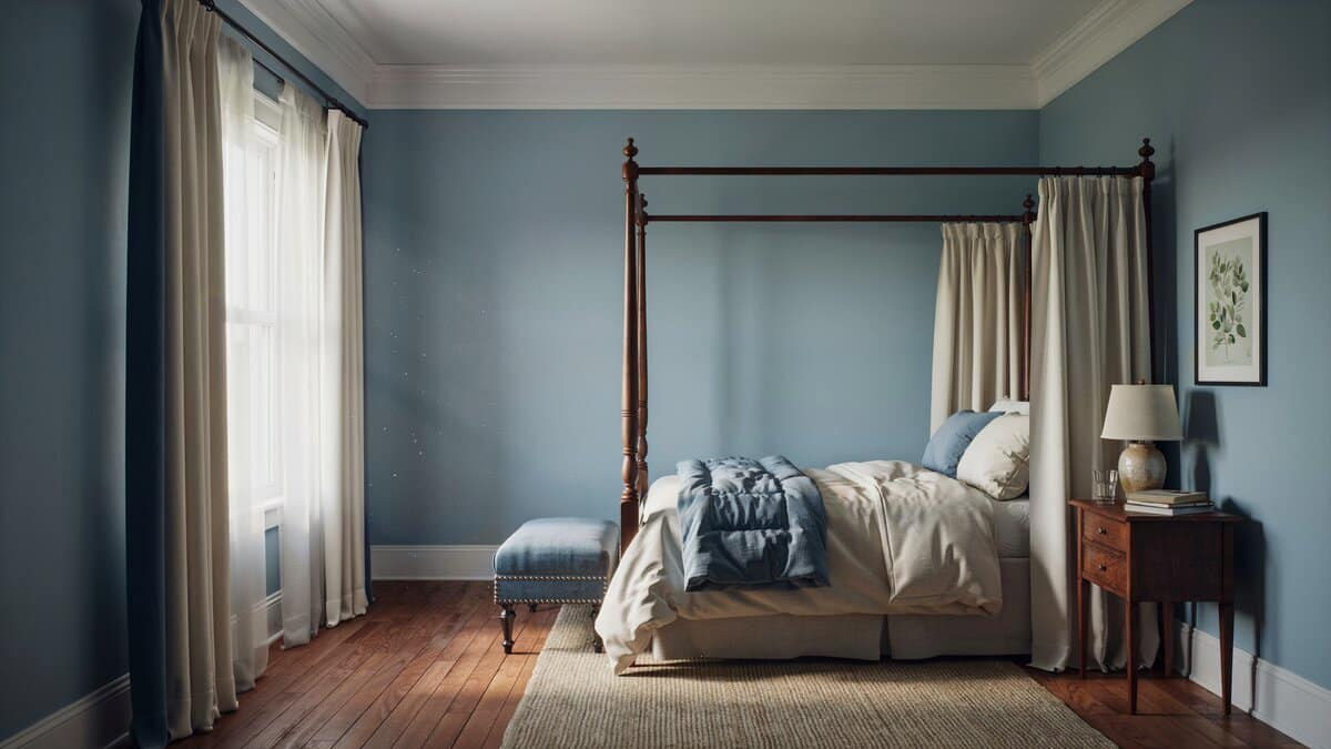 Blue bedroom with iron four poster bed, upholstered bench and drapery panels