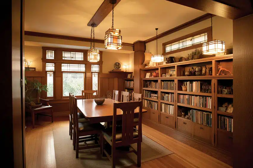 Custom wood bookshelving in dining area