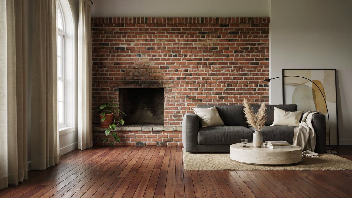 Living room with red brick fireplace, charcoal sofa and round travertine table