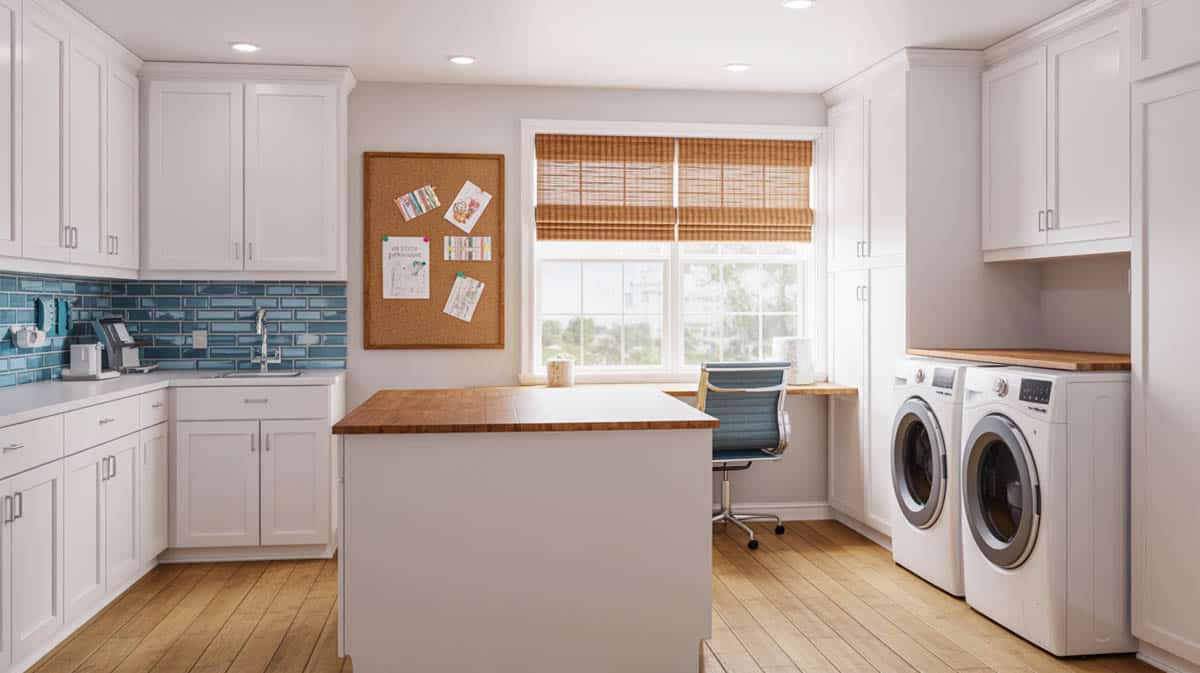 Laundry with cabinets and desk by window