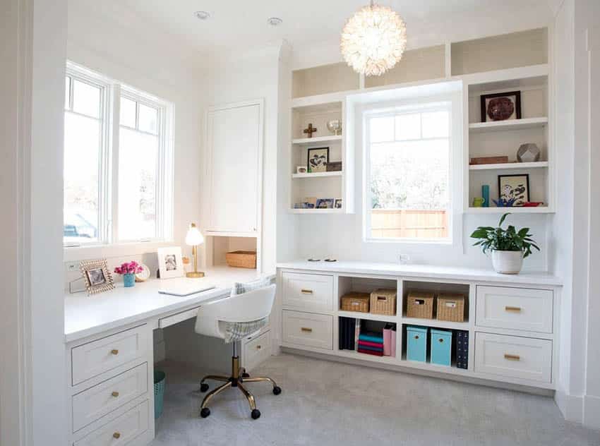 Room with built in bookshelves and desk