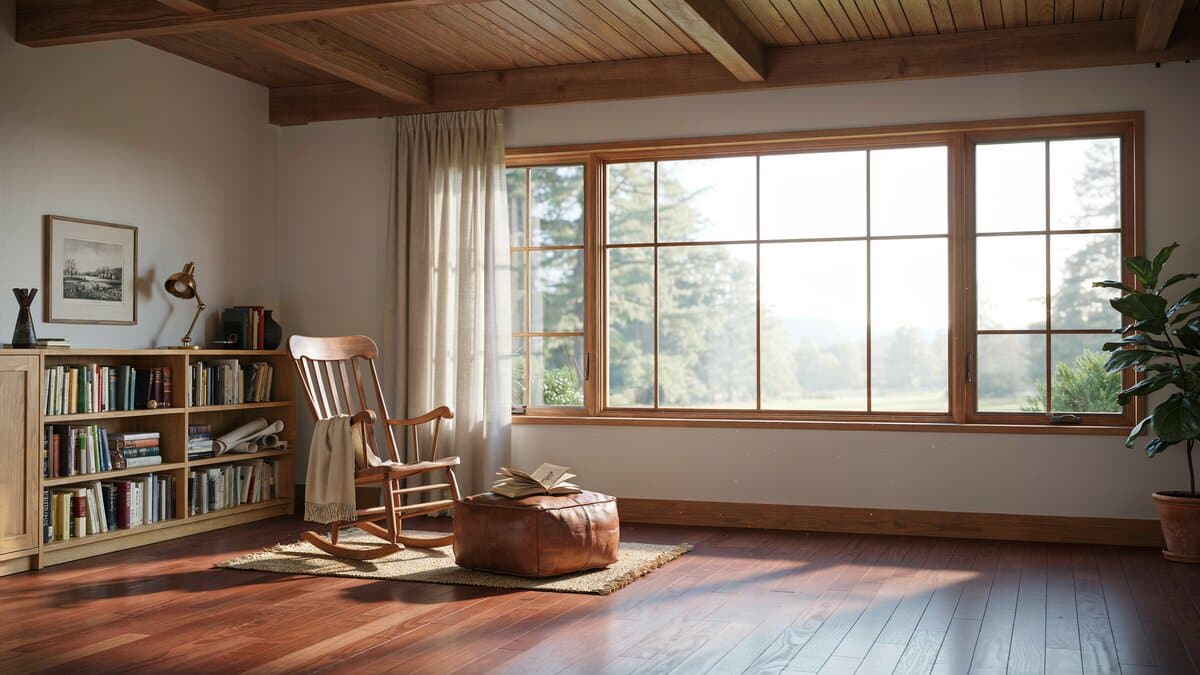 Craftsman great room with oak rocking chair, bookshelf and wide picture window
